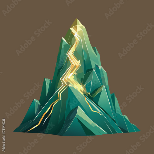 Green Crystal Mountain with a Cracking Fissure and Glowing Energy Representing Earth Element Magic and Power