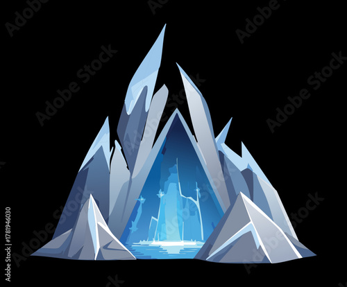 Imposing Ice Mountain or Crystal Structure with a Blue Core and Sharp Peaks on a Dark, Contrasting Background