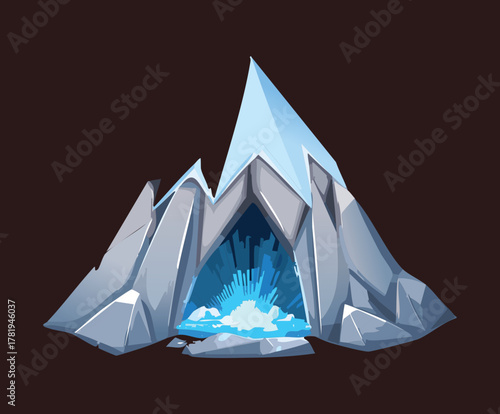 Massive Ice Mountain or Crystal Peak with a Mysterious Blue Cave Entrance and Sharp Geometric Edges