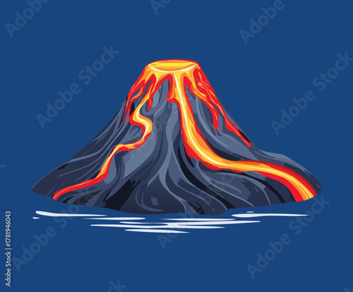 Cartoon Stylized Volcano Erupting with Fiery Red Lava Flowing into a Lake Under a Dark Sky Night Scene