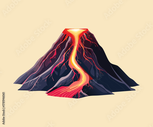 Active volcano mountain with bright red lava flow and dark volcanic rock for nature disaster and hazard