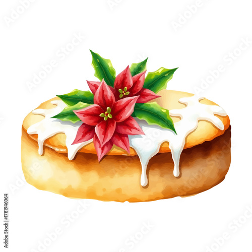 Watercolor Easter cake with red poinsettia flower with holly leaves, filled with white icing. Hand painted in soft warm colors, isolated on white background, vector illustration. For holiday design.