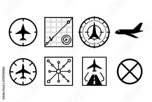 Aviation icons set featuring linear airplane and navigation symbols for travel and transport