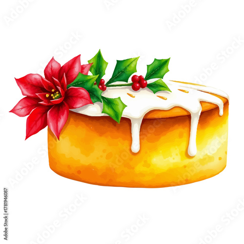 Watercolor Easter cake with red poinsettia flower with holly leaves, filled with white icing. Hand painted in soft warm colors, isolated on white background, vector illustration. For holiday design.