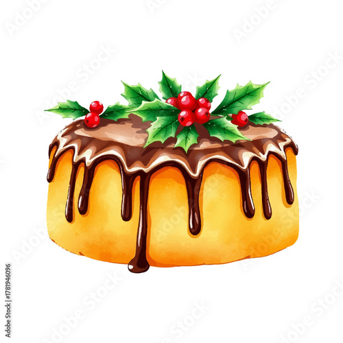 Watercolor Easter cake, with berries on top, filled with chocolate icing. Hand painted in soft warm colors, isolated on white background, vector illustration. For holiday design.