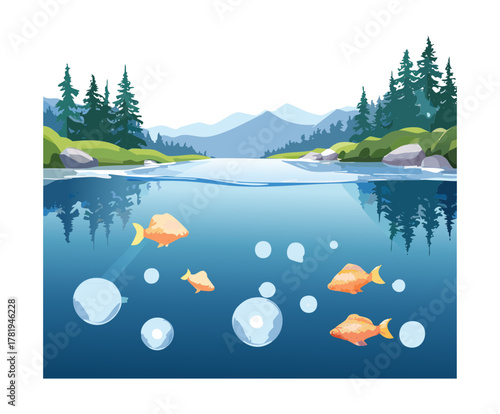 Tropical underwater scene with golden fish and green plants for ocean wildlife exploration and nature ecosystem discovery