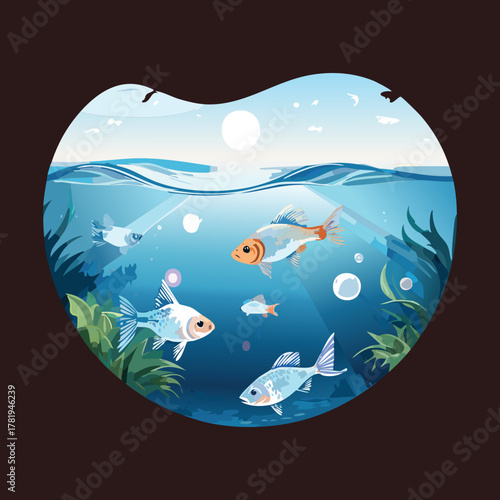 Underwater view of white fish swimming in deep blue water for aquarium nature and aquatic life ecosystem