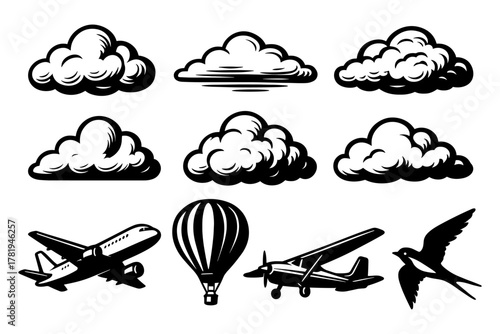 Diverse collection of vintage cloud designs with aircraft and balloon icons