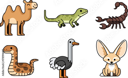Cute cartoon desert animals including a camel, lizard, scorpion, snake, ostrich, and fennec fox head, presented as a collection of charming illustrations for various creative projects