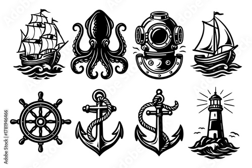 Nautical tattoo icons featuring ships, anchors, and lighthouse in monochrome style