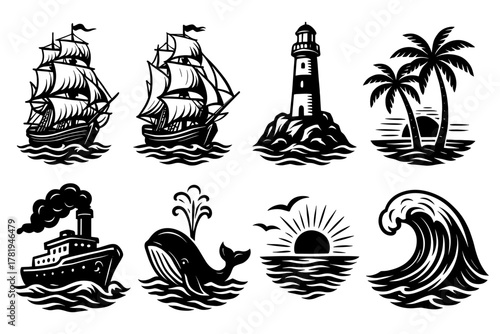 Nautical icons collection: classic ships, lighthouse, palm tree, whale, sunset, waves