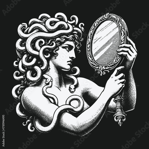Monochrome Engraving of Medusa Gorgon with Snake Hair Looking in a Mirror.