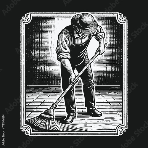 Monochrome engraving style art of a laborer cleaning a wooden floor.