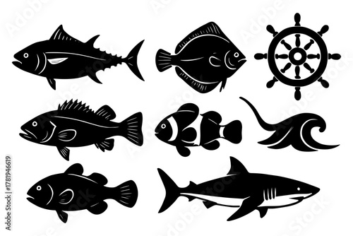 Silhouette sea creatures featuring fish, shark, and marine elements