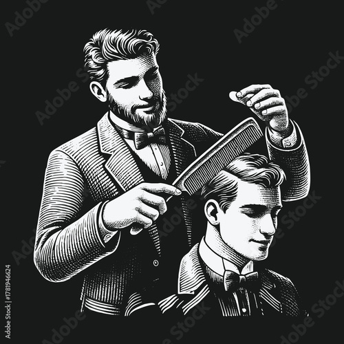Dapper barber combing a gentlemans hair in retro style illustration.