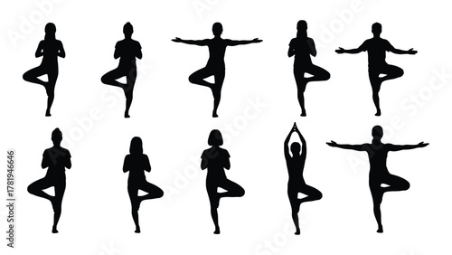 Yoga tree pose silhouettes collection isolated on white background, Vector