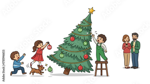 Festive Family Tradition: A warm-hearted family gathers to adorn a Christmas tree with love and care, creating lasting memories for the holiday season.