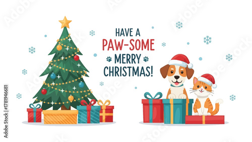 Festive Paw-some Christmas: A heartwarming scene with a decorated Christmas tree, charming presents, adorable dog and cat in Santa hats, joyfully wishing a Paw-some Merry Christmas!.