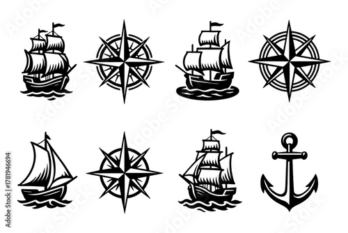 Nautical icons: sailboats, compasses, and anchors in vintage black silhouette style
