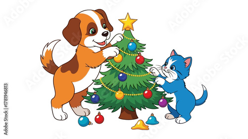 Christmas Cheer: A heartwarming scene unfolds as a playful puppy and a cute kitten team up to decorate a vibrant Christmas tree with colorful ornaments, exuding joy and festive spirit.