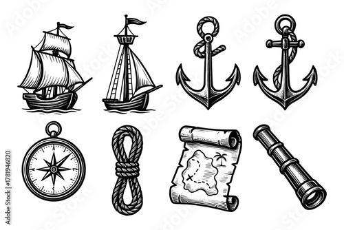 Nautical adventure collection: vintage ship, anchor, compass, map, telescope
