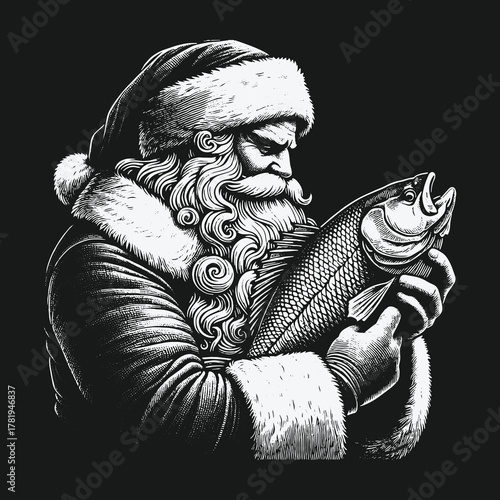 Gritty monochrome illustration of Santa Claus holding a large fish.