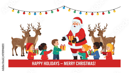 Santa's Christmas Gift Exchange: Illustrating the spirit of giving, santa with a joyful face and generous heart, brings cheerful gift and a beautiful scene with reindeer and children.