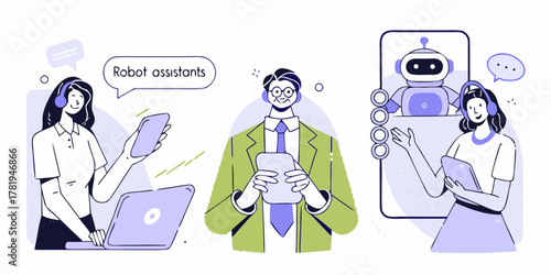 Diverse team collaborating with ai robot assistants for customer service and support