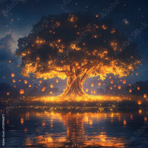 A sacred tree glowing with warm golden light, surrounded by floating wish lanterns. It stands at the edge of a still lake, the night sky illuminated by constellations and moonlight.