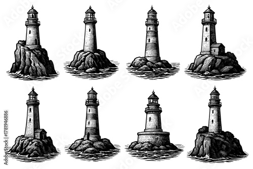 Vintage lighthouse ink art set on rock formations in ocean waves