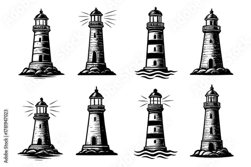 Retro lighthouse collection featuring vintage black and white nautical designs