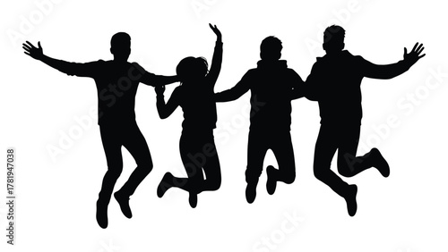 Four friends jumping silhouette isolated on white background, Vector