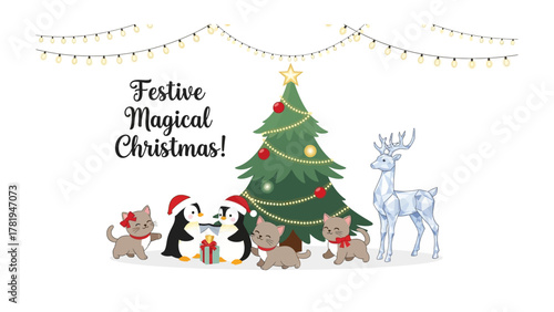 Festive Christmas Gathering: Adorable kittens and penguins, adorned in festive attire, gather around a sparkling Christmas tree, while a radiant star illuminates the scene. A magical Christmas.