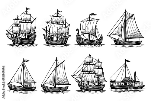 Vintage sailing ships collection: hand drawn nautical vessels in ink