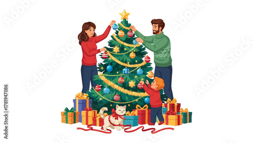 Christmas Tree Decoration: A family comes together, decorating a festive Christmas tree adorned with ornaments and a star, capturing the warmth and joy of the holiday season. 
