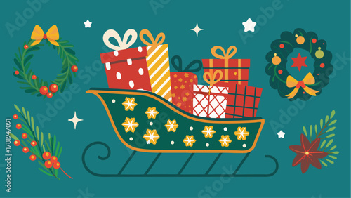 Festive Christmas sleigh overflowing with gifts and holiday cheer, surrounded by wreaths and poinsettias, perfect for spreading winter joy and seasonal greetings