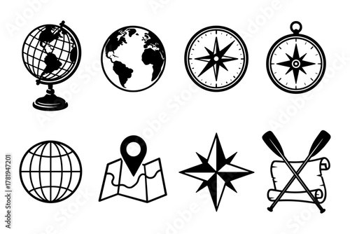 Black and white geography and navigation symbols collection