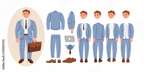 Business man character creator kit with blue suit and accessories for animation and design