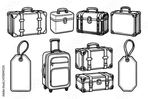 Vintage suitcases and tags: stylish travel icons in black and white