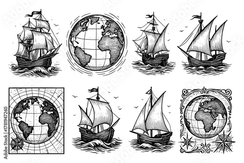 Vintage maritime ships and globe with nautical elements