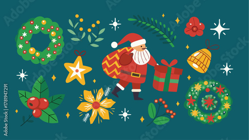 Cheerful Santa delivering gifts with festive ornaments, perfect for holiday cards, social media promotions, and seasonal designs for joyful Christmas celebrations