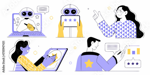Diverse people and robots interacting with digital interfaces and giving ratings and reviews