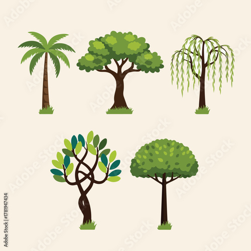 Collection of Different Tree Types in Flat Vector Style