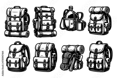 Outdoor camping bags and gear set in vintage engraved style for hikers and explorers