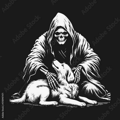 The Grim Reaper gently petting a small adorable puppy dog.
