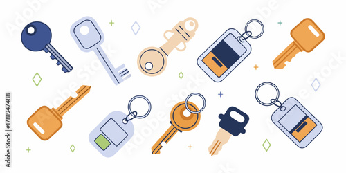 Collection of modern flat design keys and keychains with colorful abstract shapes on white background