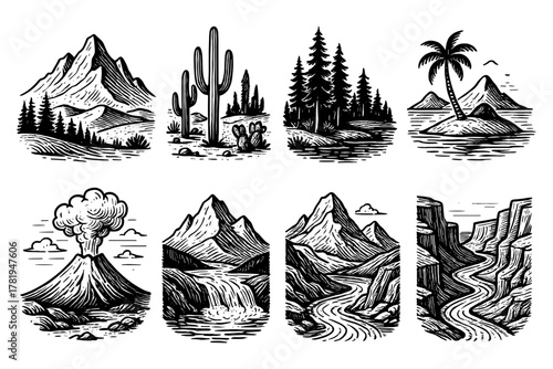 Vintage nature scenes featuring mountains, forests, and volcanic landscapes