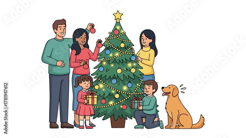 Joyful Family Christmas Moments: Capturing the spirit of togetherness as a family decorates their Christmas tree. Filled with laughter, the scene portrays a perfect holiday.