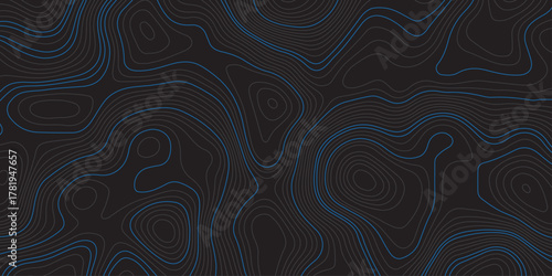 Abstract dark background with blue contour lines resembling a topographic map. Modern digital design for technology, geography, or data visualization themes. Minimal, clean, and futuristic style.