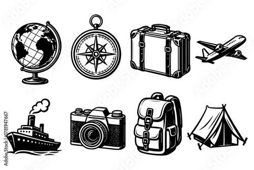 Classic travel icons in vintage style featuring globe, compass, and luggage for adventure enthusiasts